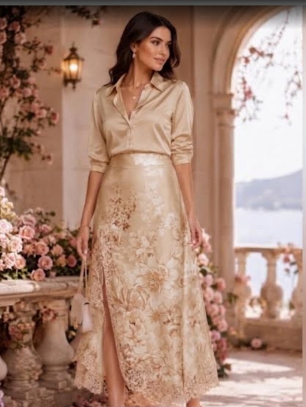 Galita Elegant Pink Floral Satin Lace Trim  Midi Skirt